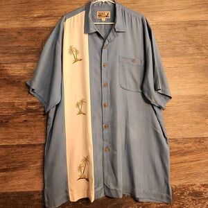 Tiki Classic Palm Tree 100% Silk Tropical Vibes Men's Blue and Cream Shirt